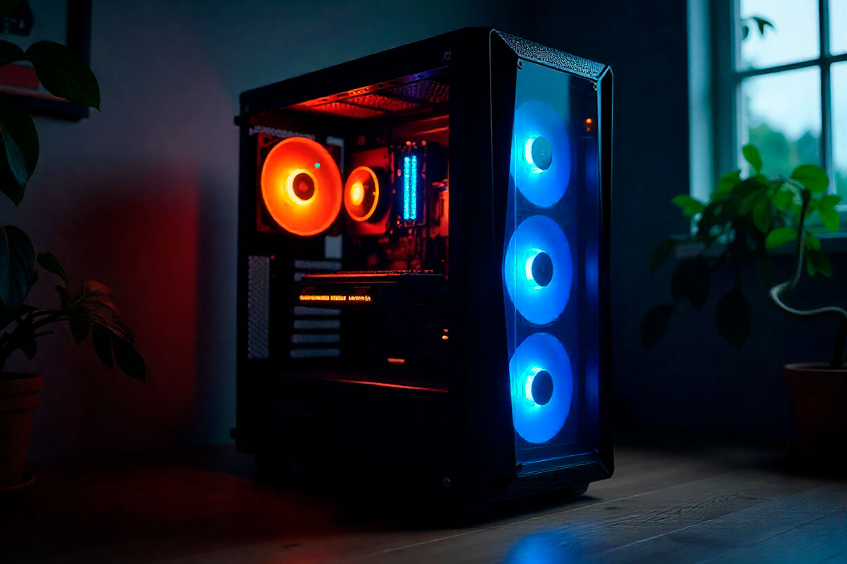 Interior de um PC gamer com componentes expostos e iluminação LED – Dicas de manutenção e prevenção de erros.